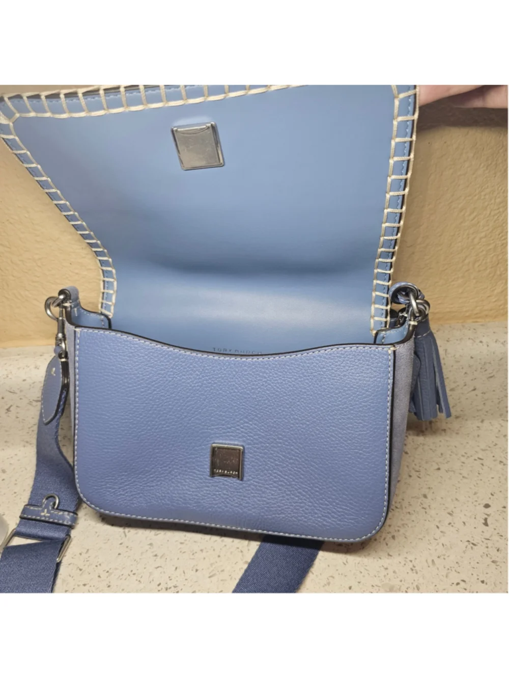 Tory Burch McGraw Whipstitch Flap Crossbody Bag - Blue Leather & Suede